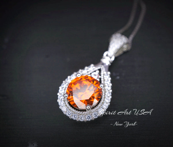 Sunstone Necklace - Tangerine Sapphire Necklace - Sterling Silver 1.8 CT Round Red Orange Spessartite Garnet Gemstone Pendant #279