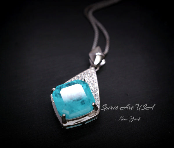 Rhombic Style Large Paraiba Necklace - Sterling Silver 18KGP - Gemstone Cushion Cut Paraiba Tourmaline Pendant - blue gemstone #397