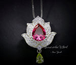 Ruby Necklace - Gemstone Lotus Flower Pendant - 18kGP @ Sterling Silver -Teardrop Halo Ruby Pendant #922