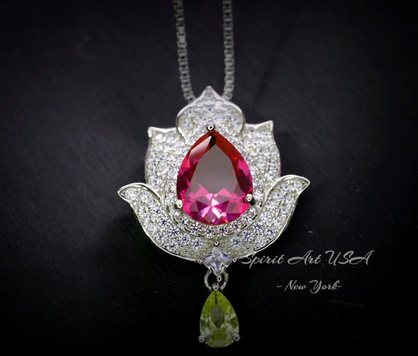 Ruby Necklace - Gemstone Lotus Flower Pendant - 18kGP @ Sterling Silver -Teardrop Halo Ruby Pendant #922
