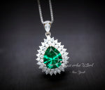 Double Halo Teardrop Emerald Necklace - 18KGP Sterling Silver - 2.75 CT Large Nano Green Emerald Pendant - Gemstone Pear Jewelry #681