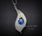 Gemstone Leaf Blue Sapphire Necklace White Gold coated Full Sterling Silver - Large Single 3 CT Teardrop Blue Sapphire Gemstone Jewelry #907
