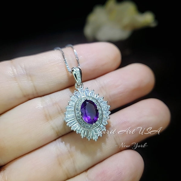 Sim Gemstone Genuine Amethyst Necklace - 18KGP @ Sterling Silver Halo 1.5 Ct Natural Purple Amethyst Pendant February Bridal #620