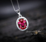 Gemstone Halo Ruby Necklace 2 CT Oval Solitaire Red Ruby Pendant Sterling Silver White Gold plated July Birthstone #164