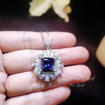 Large Square Tanzanite Necklace - Gemstone Halo Square Sterling Silver 18KGP - 7 CT 10 MM Lab Created Tanzanite Jewelry #810