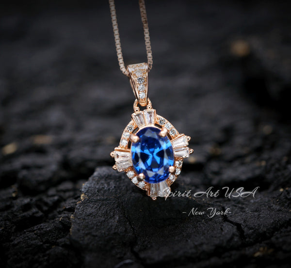 Blue Sapphire Rose Gold Necklace Rose Gold Sterling Silver Gemstone Oval Blue Gemstone Pendant September Birthstone #163
