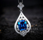Blue Sapphire Necklace - Spirit Royal Flower Jewelry - 5 Ct Radiant Cut Large Blue Sapphire Pendant - 18KGP Sterling Silver #872