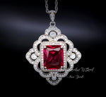 Large Red Ruby Necklace - Faceted Rectangle 5 CT Red Ruby Pendant - Gemstone Flower of Prosperity - 18GP Sterling Silver - Scissor Cut #827