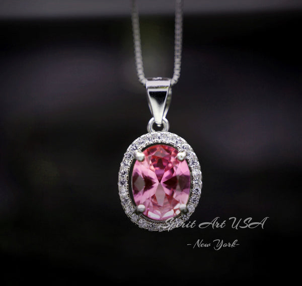 Pink Tourmaline Necklace Sterling Silver , White gold plated Halo Gemstone Stone Solitaire Pink Tourmaline Jewelry #195