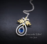 Teardrop Blue Sapphire Necklace Large Gold the Tree Of Life Pendant 18KGP Sterling Silver olive branch Necklace Blue Sapphire Pendant #859
