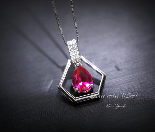 Geometric Red Ruby Necklace - Sterling Silver Triangle Diamond Teardrop Ruby Pendant Tiny Minimalist Red Gemstone Jewelry