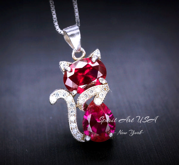 Ruby Necklace Sterling Silver Cat 1.5 Ct Kitty Sim Gemstone Red Pendant 18kgp July Birthstone Pet Lover Jewelry #211