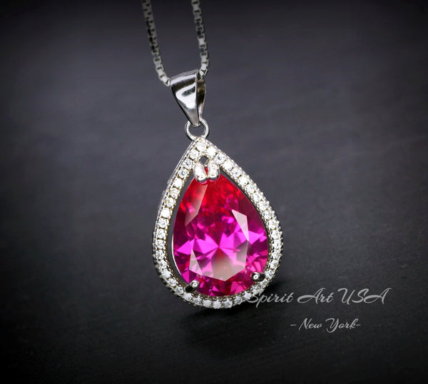 Large Teardrop Pink Sapphire Necklace - Sterling Silver Fuchsia Large 5 CT Pink Sapphire Pendant - White Gold Fuchsia Gemstone Jewelry #746