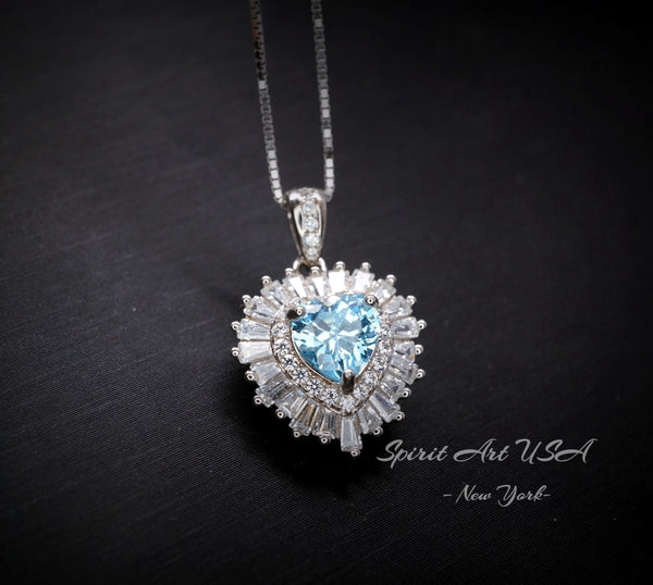 Gemstone Halo Aquamarine Heart Necklace - 18KGP & Sterling Silver - Tiny 1.5 CT Dainty Aquamarine Jewelry - March Birthstone #295