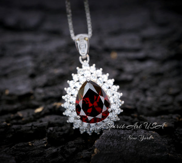 Double Halo Teardrop Garnet Necklace - 18KGP Sterling Silver - 2.75 CT Large Deep Red Garnet Pendant - Gemstone Pear Jewelry #684
