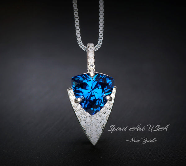 Large Trillion Cut Blue Sapphire Necklace - 18KGP Sterling Silver - Protective Queen's Guard Sword - Sapphire Pendant #768