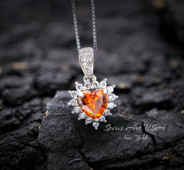 Tiny Sunstone Heart Necklace - Sterling Silver Tangerine Sapphire Spessartite Garnet Necklace Minimalist Orange Heart Pendant 024