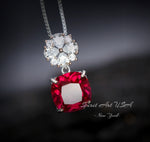 Four leaf clover Ruby Necklace - Cushion Cut - 5.5 CT Large Red Ruby Pendant - Gemstone Flower Bail - White Gold Plate Sterling Silver #581