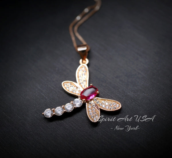 Dragonfly Ruby Necklace - Rose Gold Coated 925 Sterling Silver - July Birthstone #337