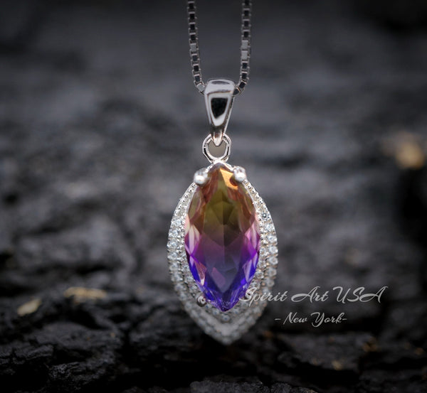 Ametrine Necklace Marquise Cut - White Gold Coated Full Sterling Silver - Large 3 CT Ametrine Pendant Diamond Leaf Navette Style