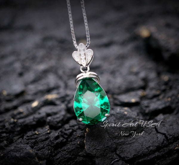 Large Teardrop Emerald Necklace Sterling Silver Gemstone Crown Pear Cut Lab Created Green Gemstone Emerald Pendant Jewelry 6.5 CT #636