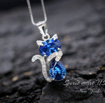Cat Blue Sapphire Necklace, Kitty Cat Blue Sapphire Pendant Gemstone White Gold Plated Sterling Silver Pets Lover Jewelry #219