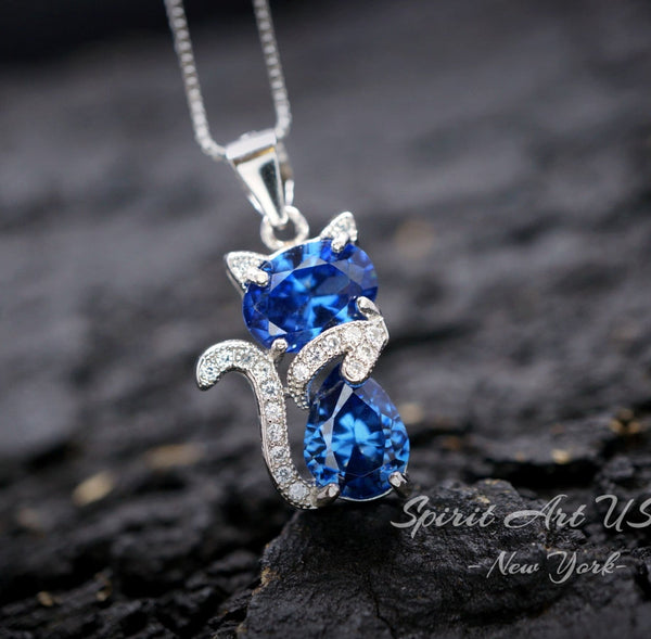 Cat Blue Sapphire Necklace, Kitty Cat Blue Sapphire Pendant Gemstone White Gold Plated Sterling Silver Pets Lover Jewelry #219