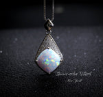 Rhombic Style White Opal Necklace - 18KGP Sterling Silver - Diamond Cushion Cut - Large White Synthetic Opal Pendant October Birthstone #968