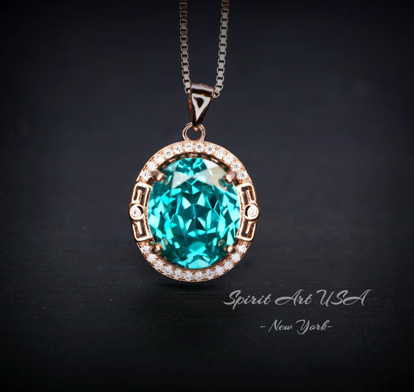 Green Paraiba Tourmaline Necklace Rose Gold coated Sterling Silver Large 4.7 CT Turquoise Green Paraiba Necklace #984