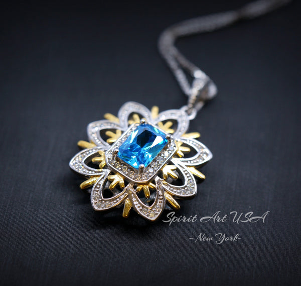 Blue Topaz Necklace, Gemstone Water Lily Flower Pendant, White Gold plated Sterling Silver 1 CT The goddess Athena Necklace #658