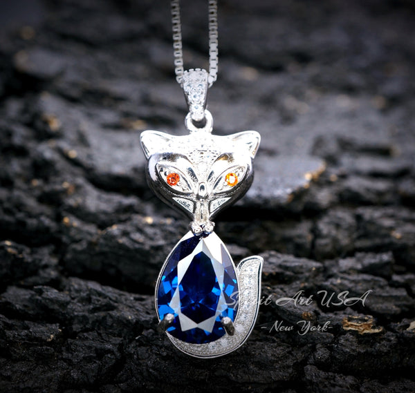 Blue Sapphire Fox Sterling Silver Necklace White Gold Teardrop Pear 3.5 CT Blue Sapphire Pendant #440