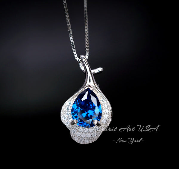 Blue Sapphire Petal Necklace Sterling Silver White Gold Plated - 2.5 CT Teardrop Blue Sapphire Pendant - Gemstone Petal Flower Jewelry #486
