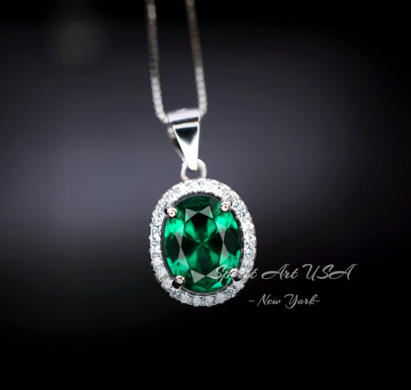Classic Halo Emerald Necklace Sterling Silver Oval 2 CT Green Emerald Pendant Gemstone Solitaire May Birthstone Jewelry #117