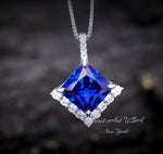 Large Gemstone Style Blue Tanzanite Necklace - 6.5 CT Square Princess Cut - Energic Lab Created Blue Tanzanite Pendant #769