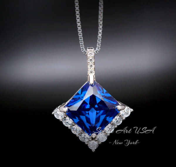 Large Blue Sapphire Necklace - 6.5 CT Square Princess Cut Blue Sapphire Pendant - September Birthstone #770