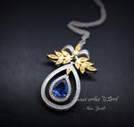 Teardrop Blue Sapphire Necklace Large Gold the Tree Of Life Pendant 18KGP Sterling Silver olive branch Necklace Blue Sapphire Pendant #859