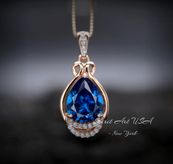 18K Rose Gold @ Sterling Silver - Blue Sapphire Necklace - Teardrop 2.5 Ct Large Blue Sapphire Pendant - September Birthstone #453