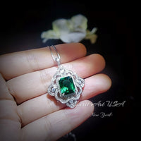 Gorgeous Green Emerald Necklace - Gemstone Flower Sterling Silver White Gold Coated - Faceted Rectangle 5 CT Emerald Pendant #878