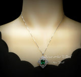 Gorgeous Green Emerald Necklace - Gemstone Flower Sterling Silver White Gold Coated - Faceted Rectangle 5 CT Emerald Pendant #878