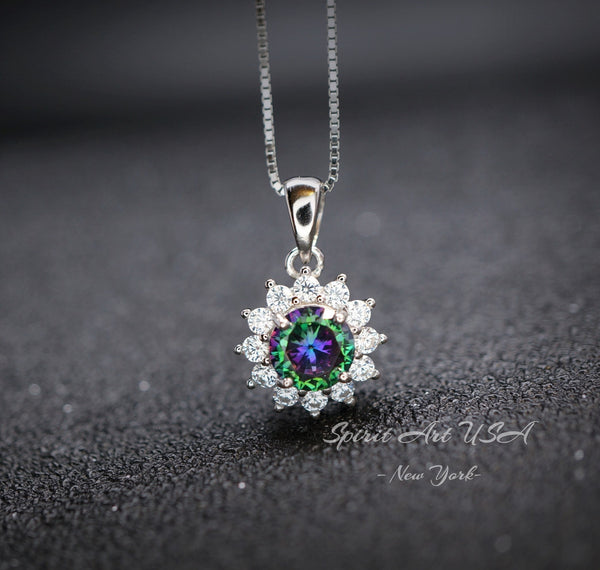 Tiny Sunflower Mystic Topaz Necklace - Gemstone Surround Princess Diana Style Minimalist Rainbow Mystic Topaz Pendant 035
