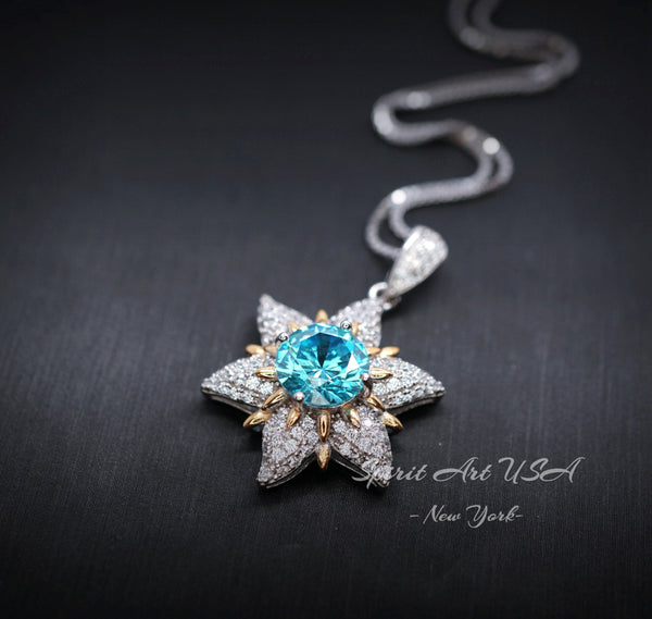 Gemstone Star Blue Aquamarine Necklace - 18KGP Sterling Silver - 6 Point Star Pendant - 2CT Hexagram Blue Aquamarine Jewelry #880