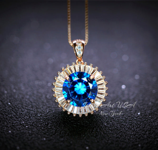 Blue Sapphire Necklace - Rose Gold - Gemstone Halo Sun 4 CT Royal Blue Sapphire Pendant - Sterling Silver September Birthstone #524