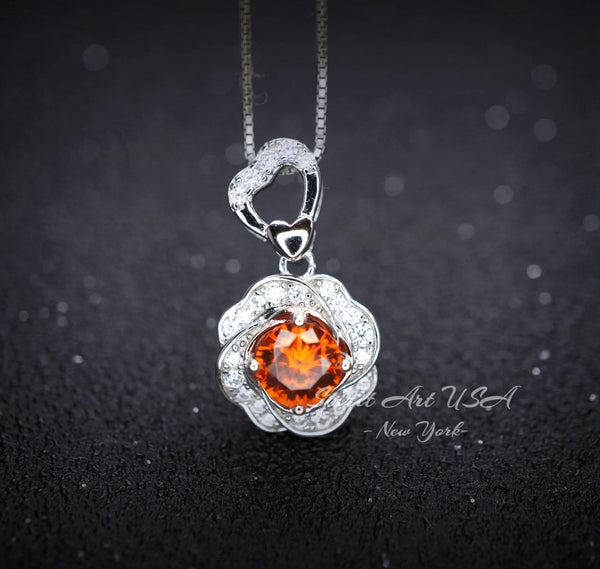 Orange Sunstone Necklace Rose Flower Style - 18kgp Sterling Silver - Dainty Round Cut Gemstone Halo Spessartite Garnet Pendant #400