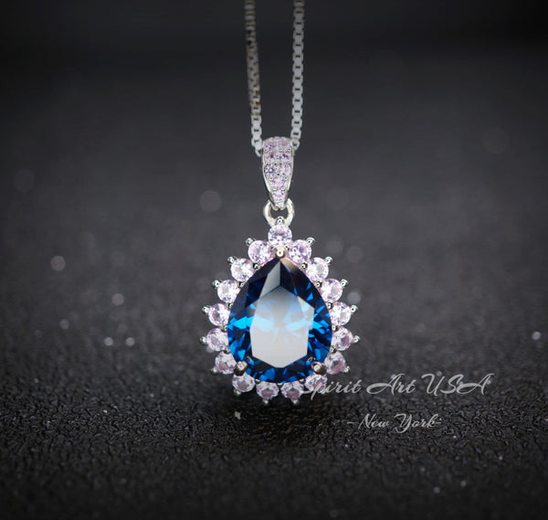 Teardrop Blue Sapphire Necklace Pink Tourmaline Surrounded Halo Large Solitaire Pear Cut Blue Sapphire Pendant 18kgp @ Sterling Silver #686