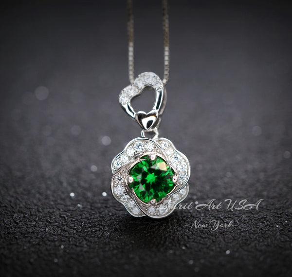Green Diopside Emerald Necklace Rose Flower Style - 18kgp Sterling Silver - Dainty Round Cut Gemstone Halo Diopside Pendant #398
