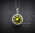 Round Peridot Necklace - Sterling Silver Solitaire Halo Gemstone 3.5 CT Green Gemstone Pendant August Birthstone Jewelry #199