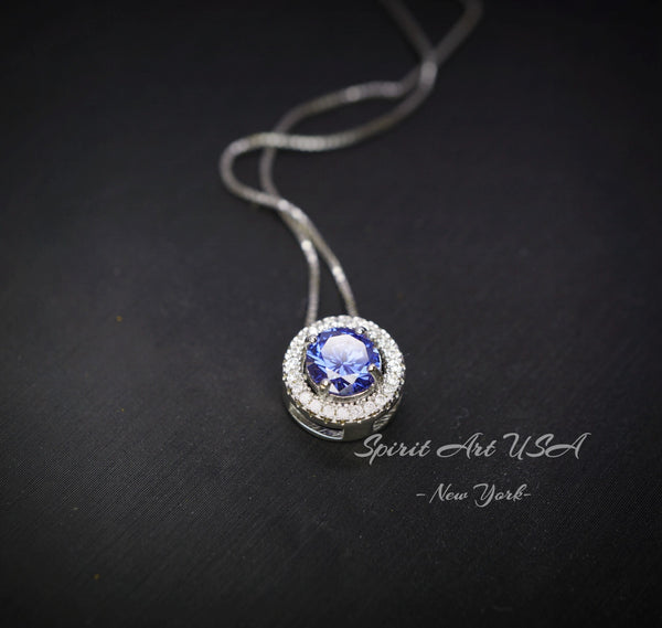 18KGP Sterling Silver Tanzanite Choker - Minimalist Blue Gemstone Halo Lab Created Tanzanite Necklace 065