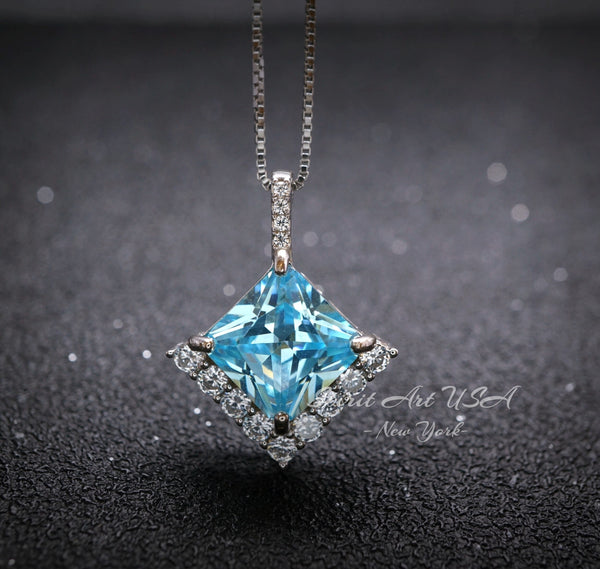Gemstone Style Blue Aquamarine Necklace - 6.5 CT Square Princess Cut Aquamarine Pendant - 18KGP @ Sterling Silver - March Birthstone #588
