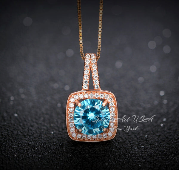 Rose gold Blue Topaz Necklace - Sterling Silver - Square Solitaire November Birthstone Round Topaz Jewelry Diamond Halo Round Cut 8 MM #184