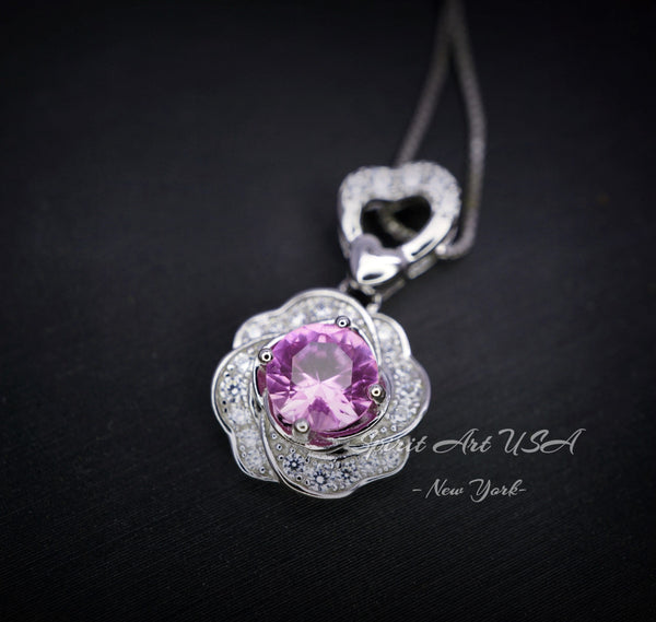 Pink Tourmaline Necklace - 18KGP @ Sterling Silver - Rose Flower Necklace - Pink Tourmaline Pendant #402